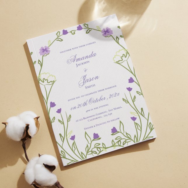Convites Casamento de Frame Floral Azul Bonito Elegante (Elegant Pretty Purple Blue Floral Frame Wedding Invitation)