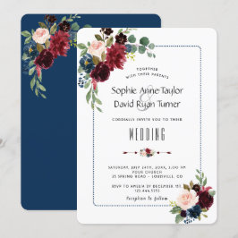 Convites Casamento de Frame Floral Azul Marinho Chic Burgun