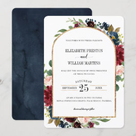 Convites Casamento de Frame Floral Azul Marinho Vermelho Bu