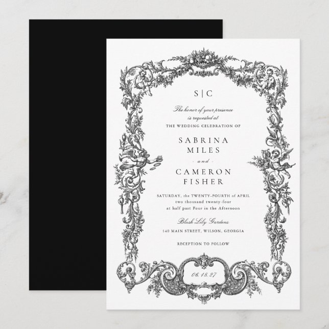 Convites Casamento de Frame Floral Barroco Elegante (Frente/Verso)