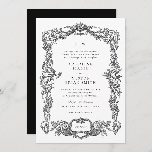 Convites Casamento de Frame Floral Barroco Elegante (Frente/Verso)