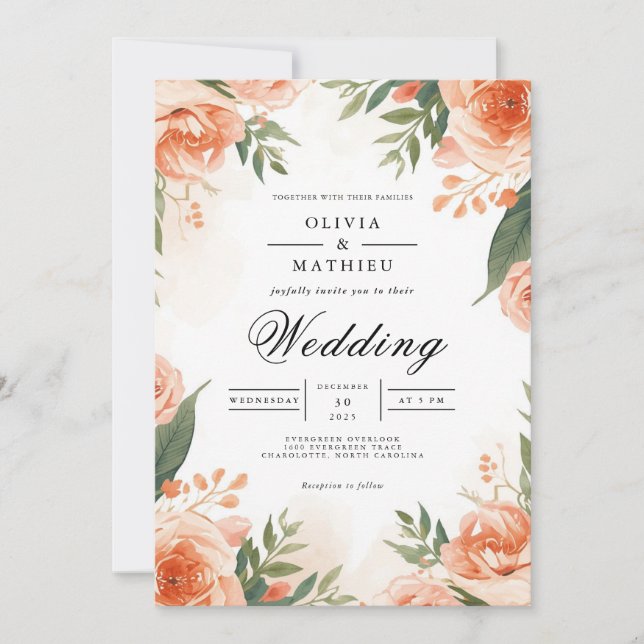 Convites Casamento de Frame Floral Coral Blush (Frente)