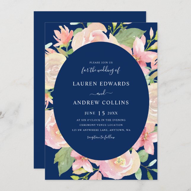 Convites Casamento de Frame Floral de Blush Azul-Marinho El (Frente/Verso)