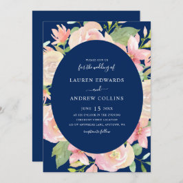 Convites Casamento de Frame Floral de Blush Azul-Marinho El