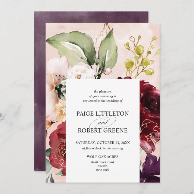 Convites Casamento de Frame Floral de Blush Watercolor (Frente/Verso)