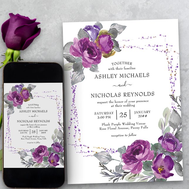 Convites Casamento de Frame Floral de Confetti com Aquarela (Elegant purple floral wedding invitation from my Plush Purple Wedding Collection)