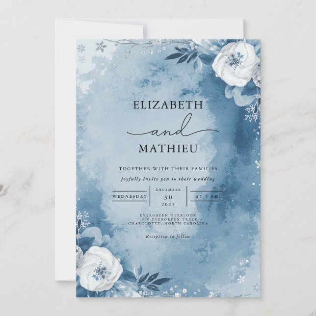 Convites Casamento de Frame Floral de Lavagem Azul Dusty (Frente)