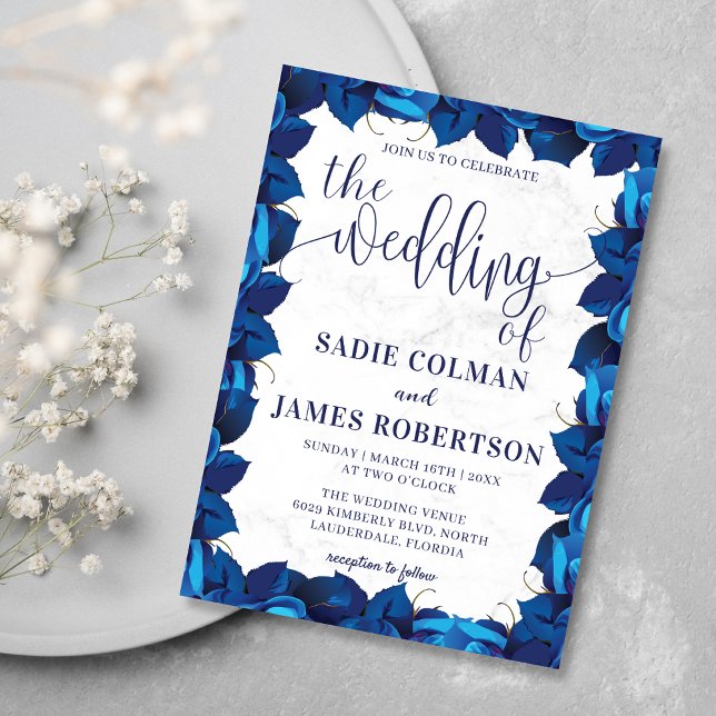 Convites Casamento de Frame Floral de Mármore Azul e Branco (Criador carregado)