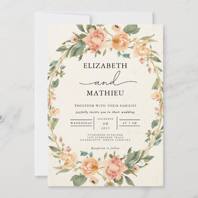 Convites Casamento de Frame Floral de Oval de Peach Delicad (Frente)