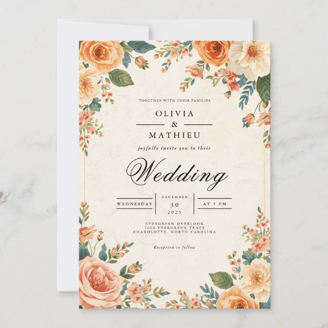 Convites Casamento de Frame Floral de Pêssego Mudado (Frente)