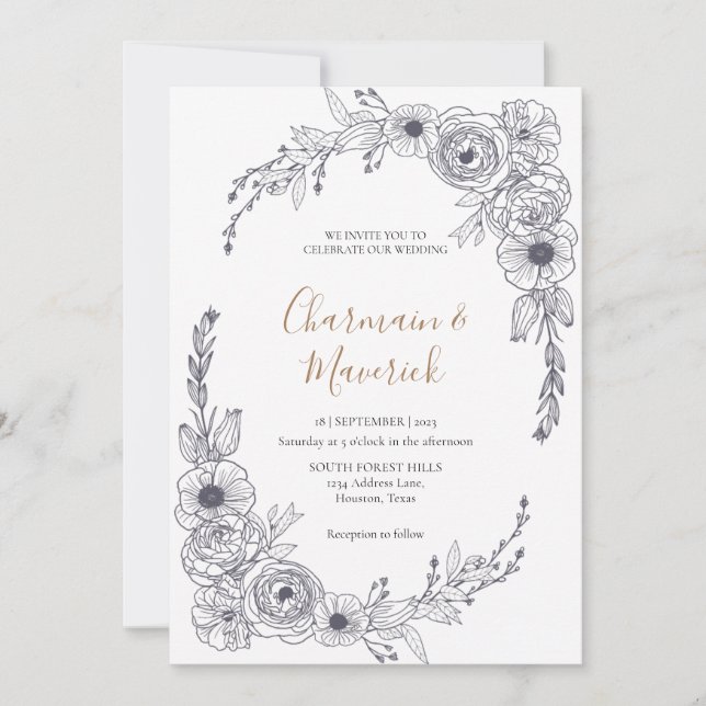 Convites Casamento de Frame Floral de Script Chic (Frente)