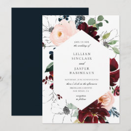 Convites Casamento de Frame Floral do Marinho Blush Burgund
