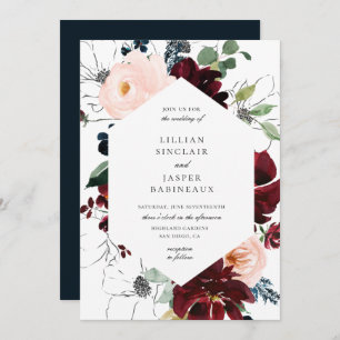 Convites Casamento de Frame Floral do Marinho Blush Burgund