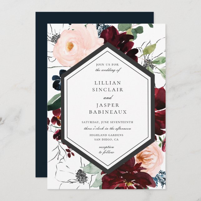 Convites Casamento de Frame Floral do Marinho Blush Burgund (Frente/Verso)