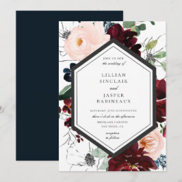 Convites Casamento de Frame Floral do Marinho Blush Burgund