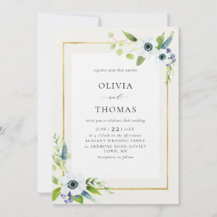 Convites Casamento de Frame Floral Dourado Azul Anemone Rus