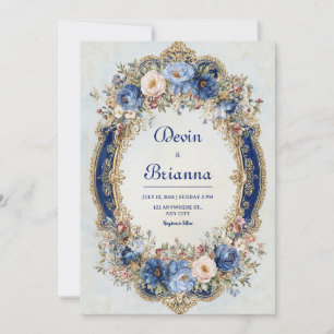 Convites Casamento de Frame Floral Dourado e Azul Vitoriano