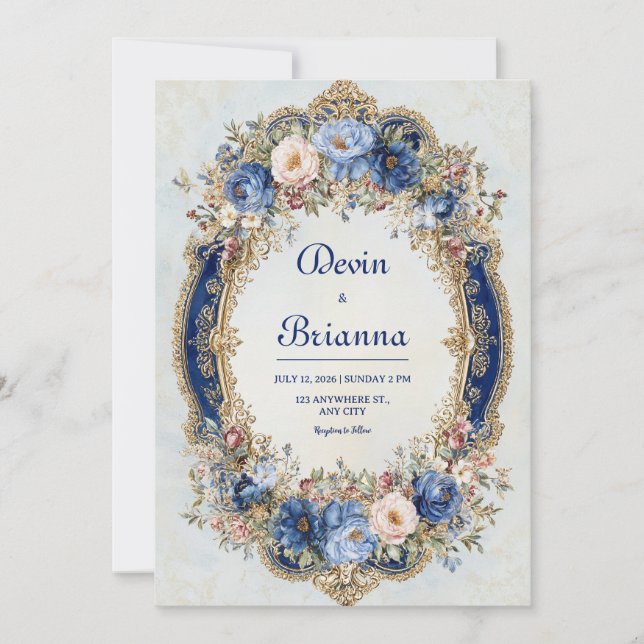 Convites Casamento de Frame Floral Dourado e Azul Vitoriano (Frente)