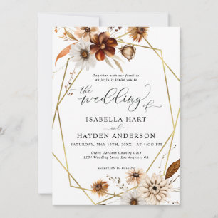 Convites Casamento de Frame Floral Dourado Rustic Boho Neut