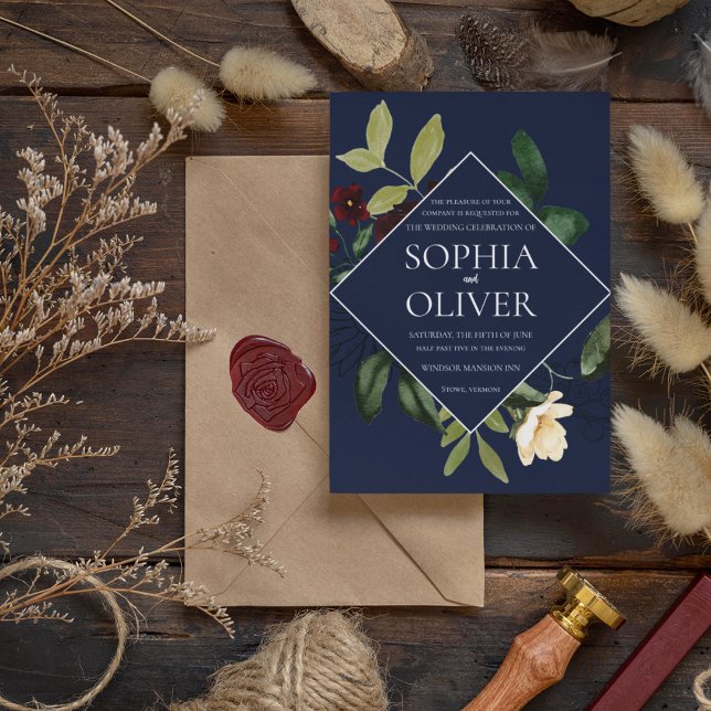 Convites Casamento de Frame Floral Geométrico do Marinho Bo (Criador carregado)