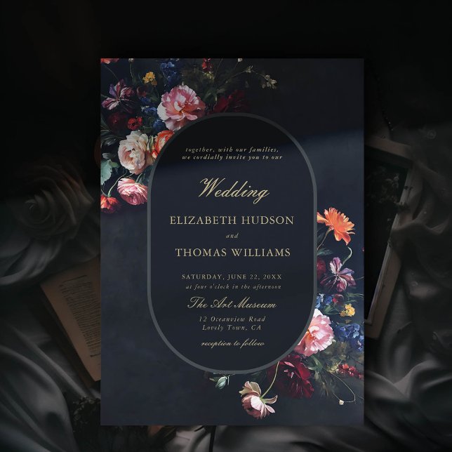 Convites Casamento de Frame Floral Moody Romântico (dark romantic wedding invitation fairytale romance black navy dutch masters floral frame painting)