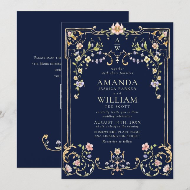 Convites Casamento de Frame Floral, Ornamentado Vitoriano G (Frente/Verso)