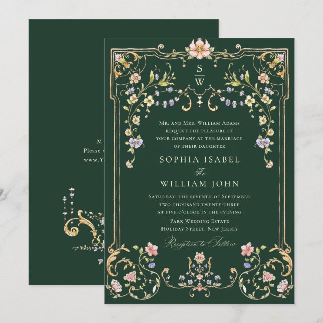 Convites Casamento de Frame Floral, Ornamentado Vitoriano G (Frente/Verso)