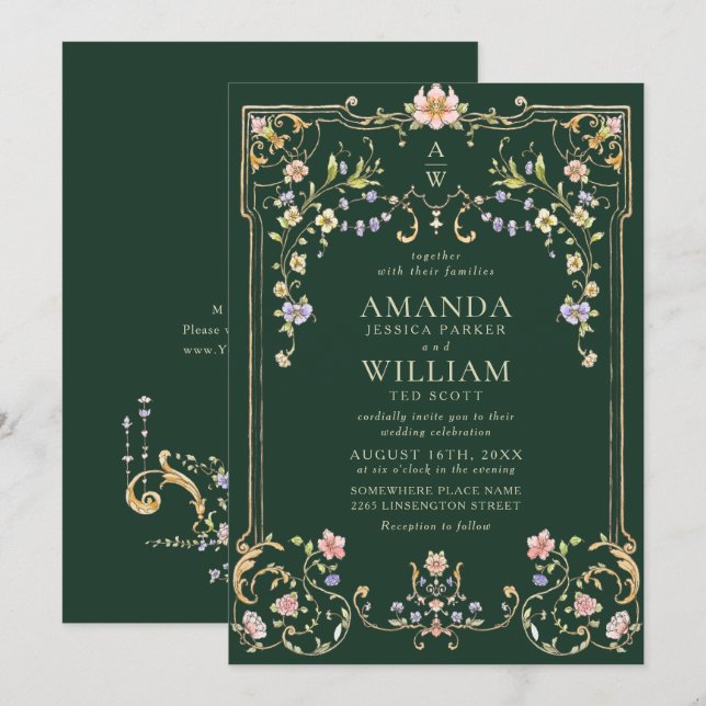 Convites Casamento de Frame Floral, Ornamentado Vitoriano G (Frente/Verso)
