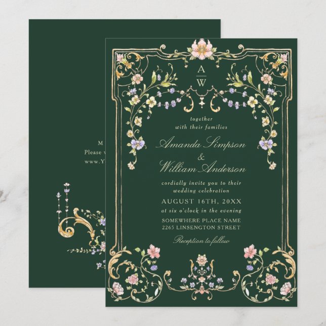 Convites Casamento de Frame Floral, Ornamentado Vitoriano G (Frente/Verso)