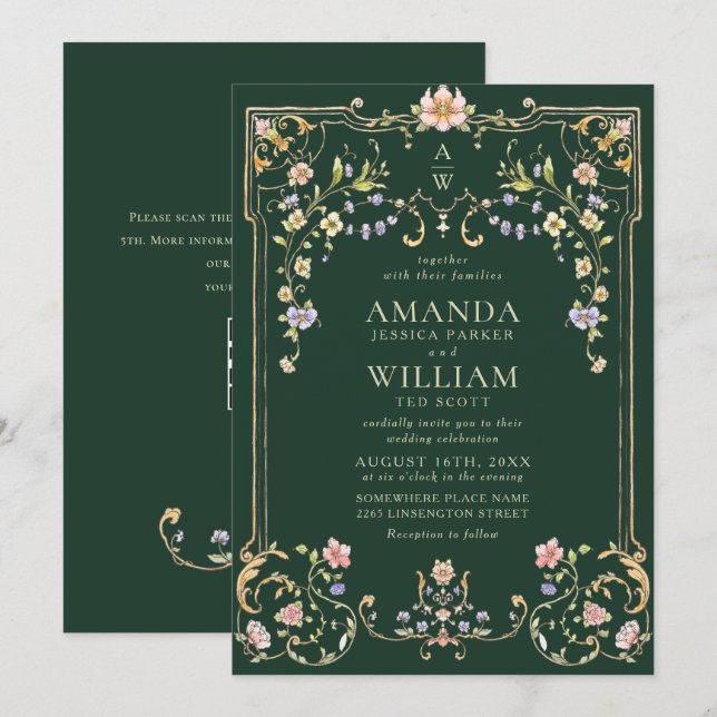 Convites Casamento de Frame Floral, Ornamentado Vitoriano G (Frente/Verso)