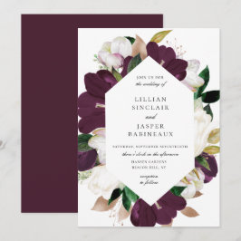Convites Casamento de Frame Floral Roxo-Púrpura de Marfim