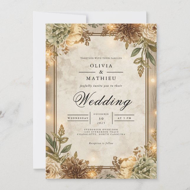 Convites Casamento de Frame Floral Rustic Sepia (Frente)