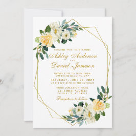 Convites Casamento de Frame Geométrico Dourado Amarelo Flor