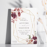 Convites Casamento de Frame Geométrico Dourado de Autumn Ro<br><div class="desc">Este convite para o casamento inclui buquês de flores de aquarela de dália, rosa de jardim, peônia, capim de pampas, e hydrangea em vermelho-burgundy, terracotta, cor-de-rosa-pincelada sobre folhas de outono com uma falso estrutura geométrica de ouro. Para uma personalização mais avançada deste design, clique no BOTÃO FERRAMENTA DESIGN AZUL. Itens...</div>