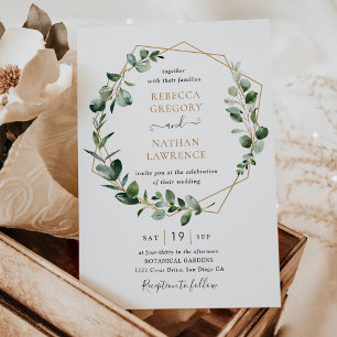 Convites Casamento de Frame Geométrico Dourado Eucalyptus G