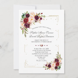 Convites Casamento de Frame Glitter Dourado Flores Burgundy