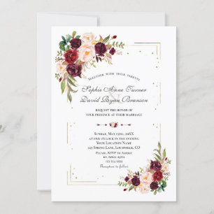 Convites Casamento de Frame Glitter Dourado Flores Burgundy