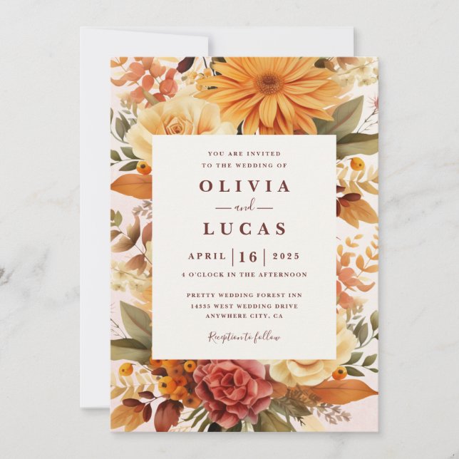 Convites Casamento de Frame Laranja Elegante (Frente)