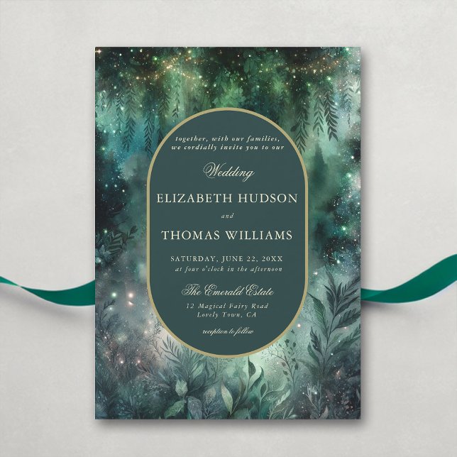 Convites Casamento de Frame Oval Dourado da Floresta Encant (enchanted forest wedding invitation elegant magical fairy garden foliage greenery emerald gold oval )