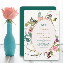 Convites Casamento de Frame Oval Dourado e Floral de Teal R