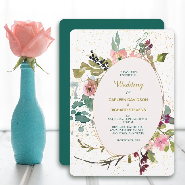 Convites Casamento de Frame Oval Dourado e Floral de Teal R (Criador carregado)