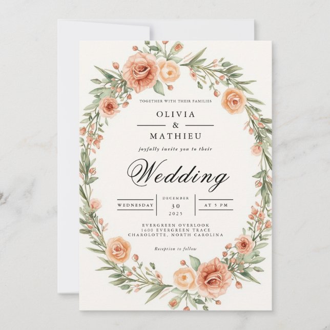 Convites Casamento de Frame Oval Floral Blush (Frente)