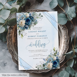 Convites Casamento de Frame Silver Rosas Azuis Escuros Eleg