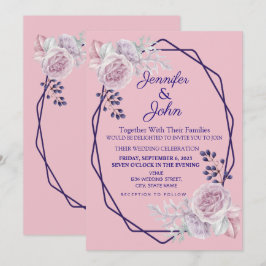 Convites Casamento de Frames Geométricos Roxos Rosa Floral