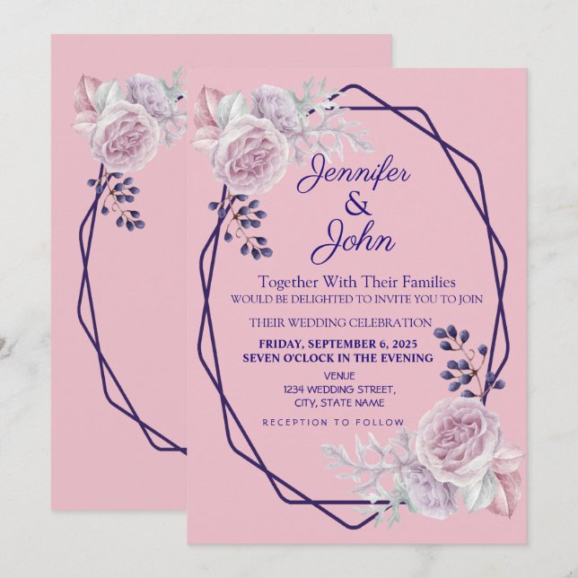 Convites Casamento de Frames Geométricos Roxos Rosa Floral (Frente/Verso)
