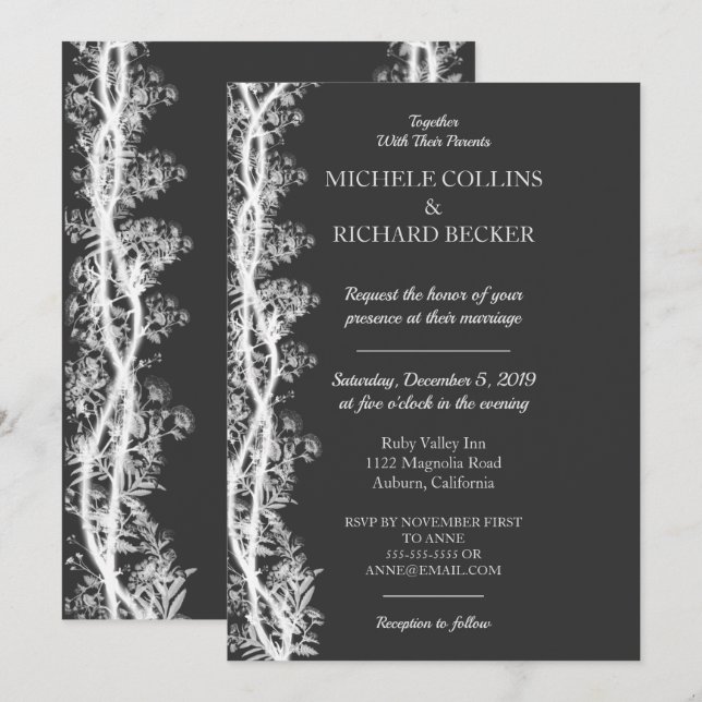 Convites Casamento de Fronteira Botânica Chic White (Frente/Verso)