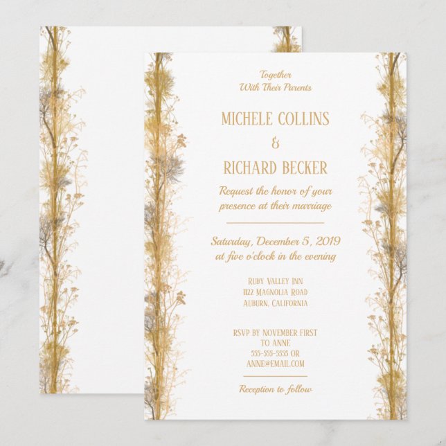 Convites Casamento de Fronteira Botânica Dourada Chic (Frente/Verso)