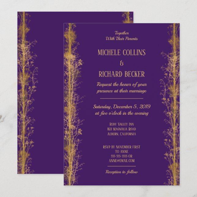 Convites Casamento de Fronteira Botânica Dourada Chic (Frente/Verso)