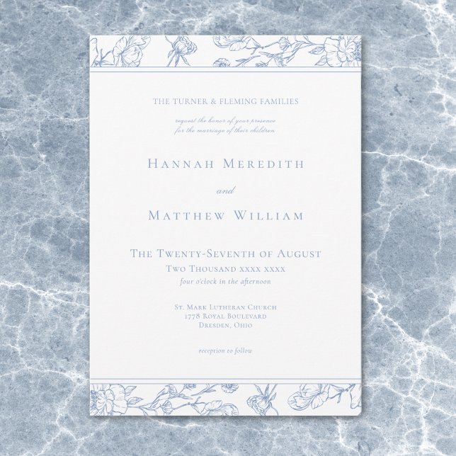 Convites Casamento de fronteira com aves de capoeira de Chi (Elegant Blue Chinoiserie Bird Crest Border Wedding Invitation)