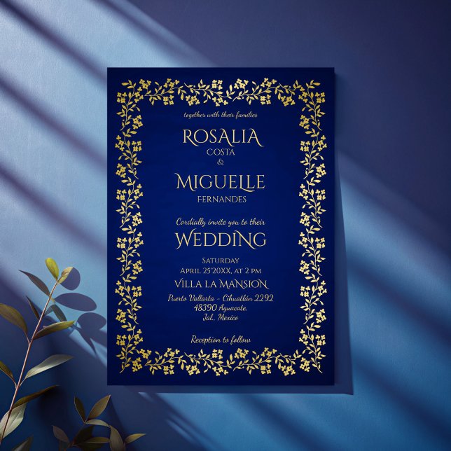 Convites Casamento de fronteira floral com marinho azul e o (Navy blue and gold vintage floral border elegant wedding invitation cards with RSVP template)